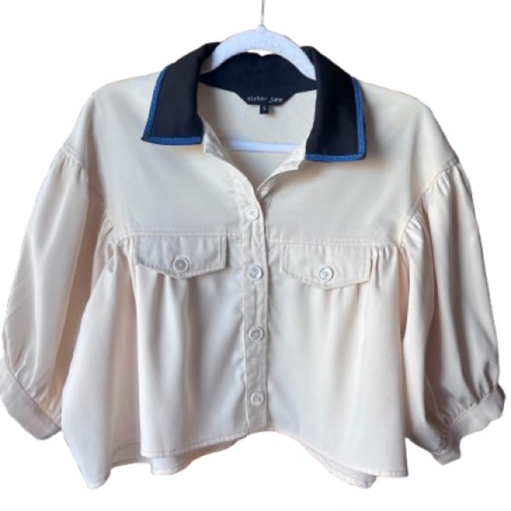 NWOT Sister Jane Cream Buttoned Top With Embellished Collar Size S